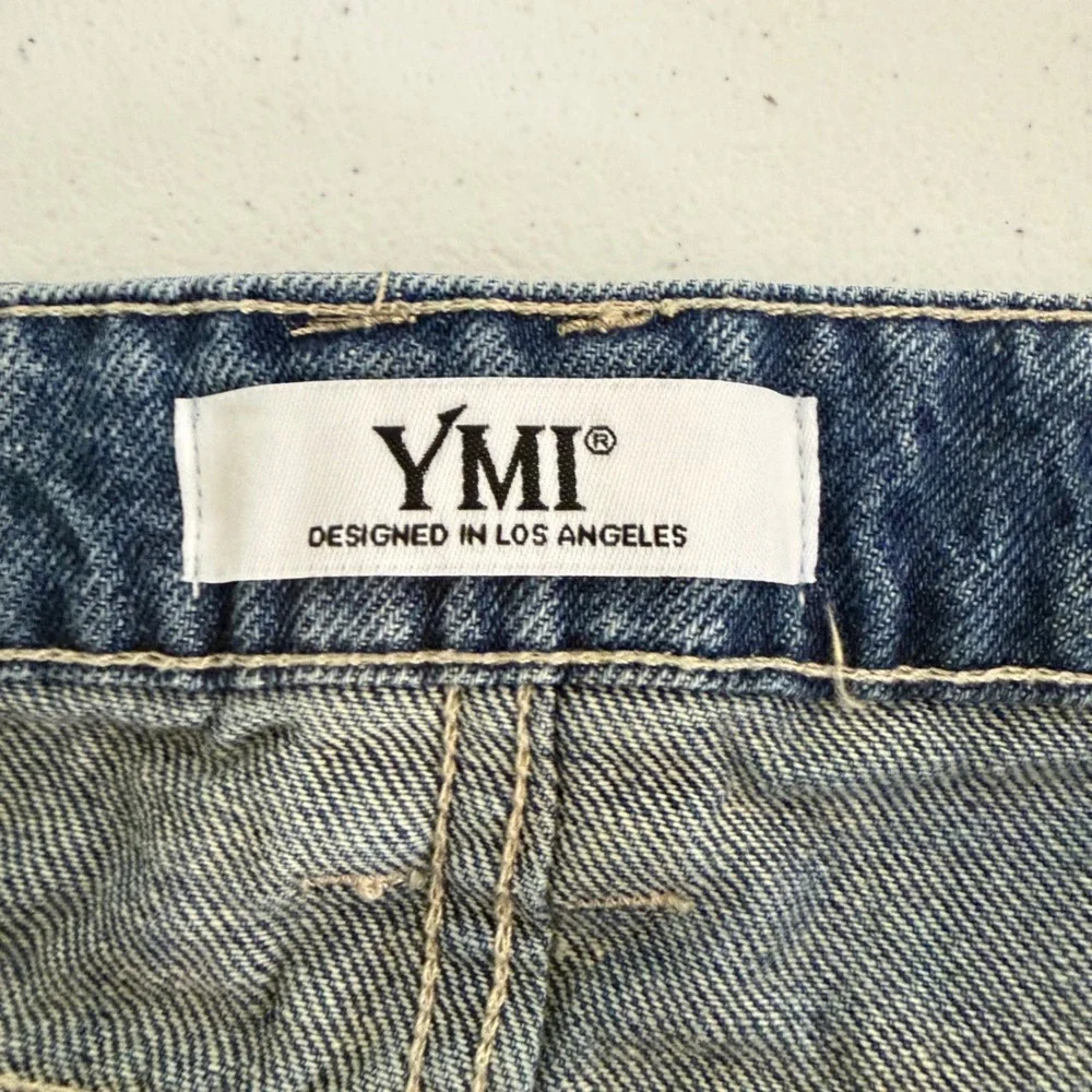 YMI Denim Mini Skirt Womens 7/28 Cargo Utility Pockets Medium Wash Blue